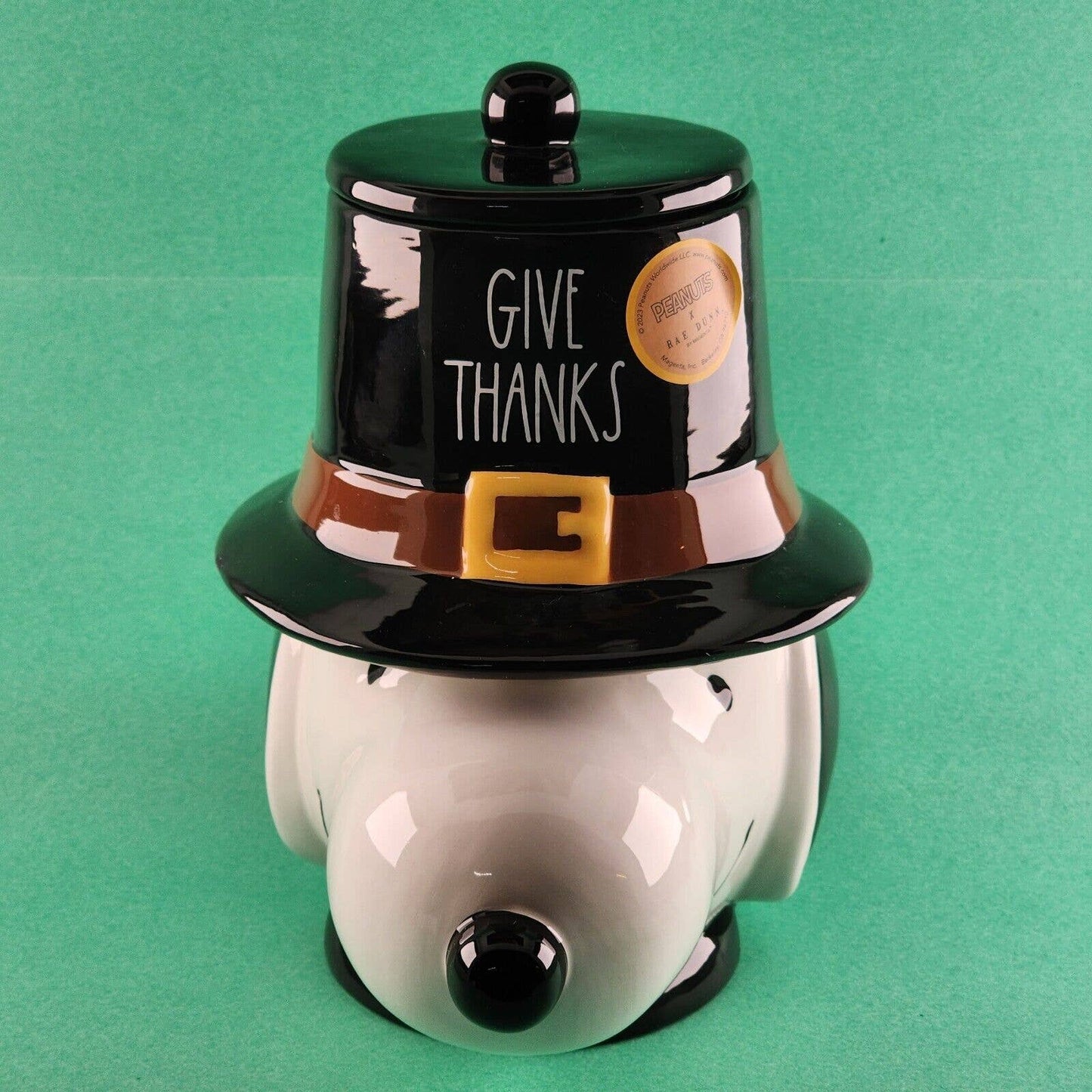 Rae Dunn Peanuts Snoopy Head GIVE THANKS Canister Cookie Jar Hat Top Removes NWT