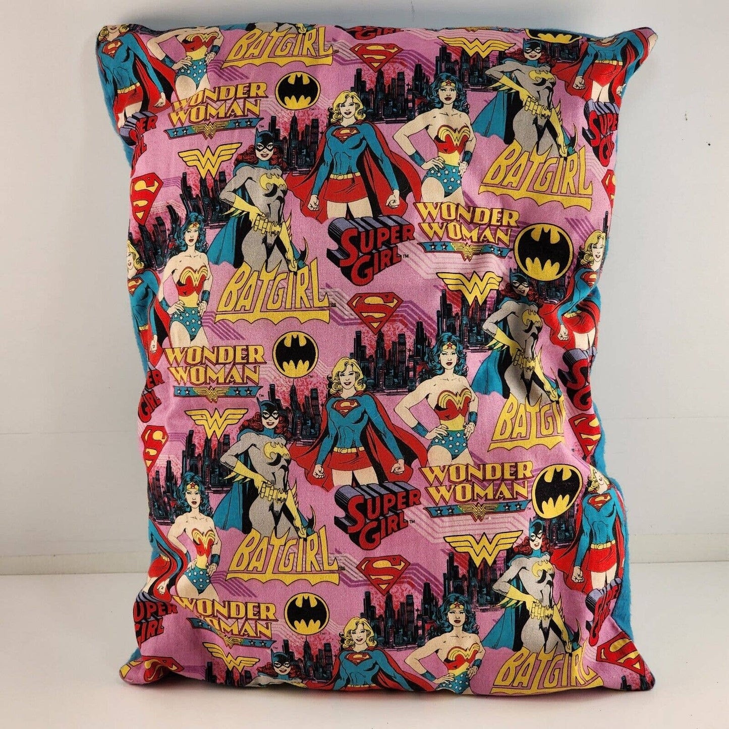 Small Girls Pillow Super Girl Batgirl Wonder Woman Print Blue Fabric Back Sewn