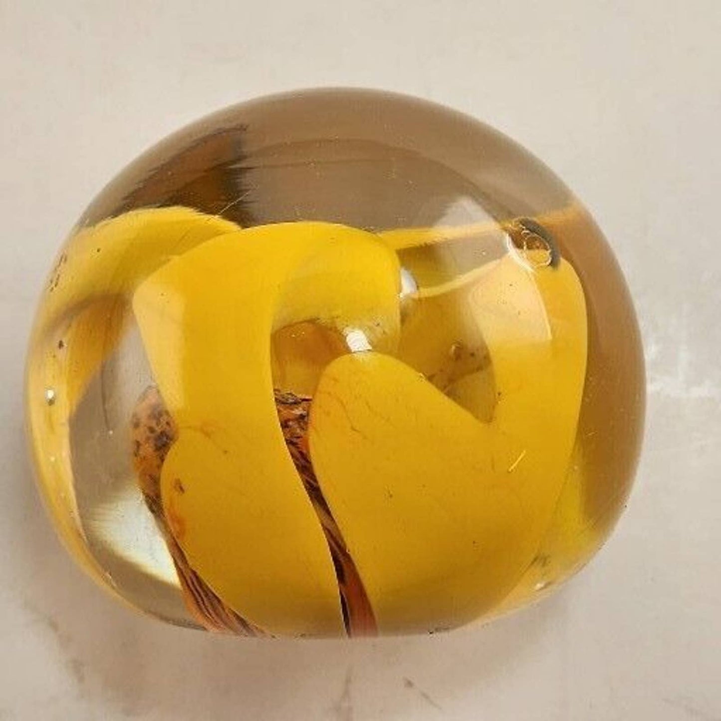 Yellow Orange Flower Glass Orb Round Paperweight 2.75" Across Marked E&W 1976