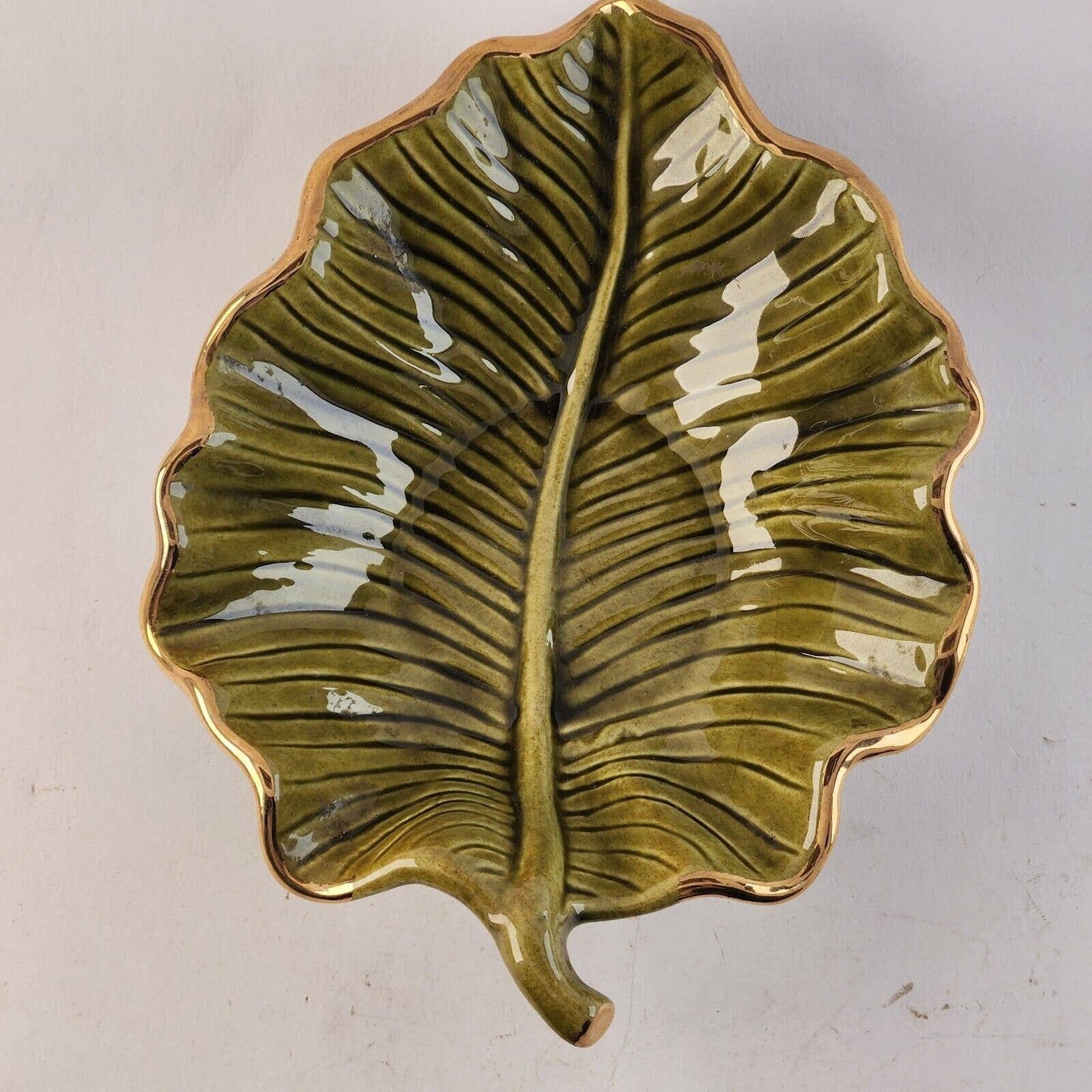 California Pottery M709 Green Leaf Gold Trim Bowl Ceramic Hand Painted USA 8" L