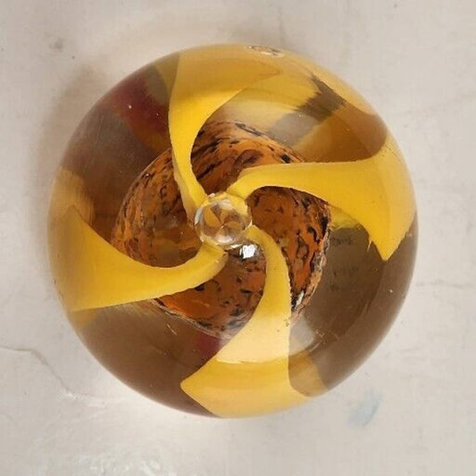 Yellow Orange Flower Glass Orb Round Paperweight 2.75" Across Marked E&W 1976