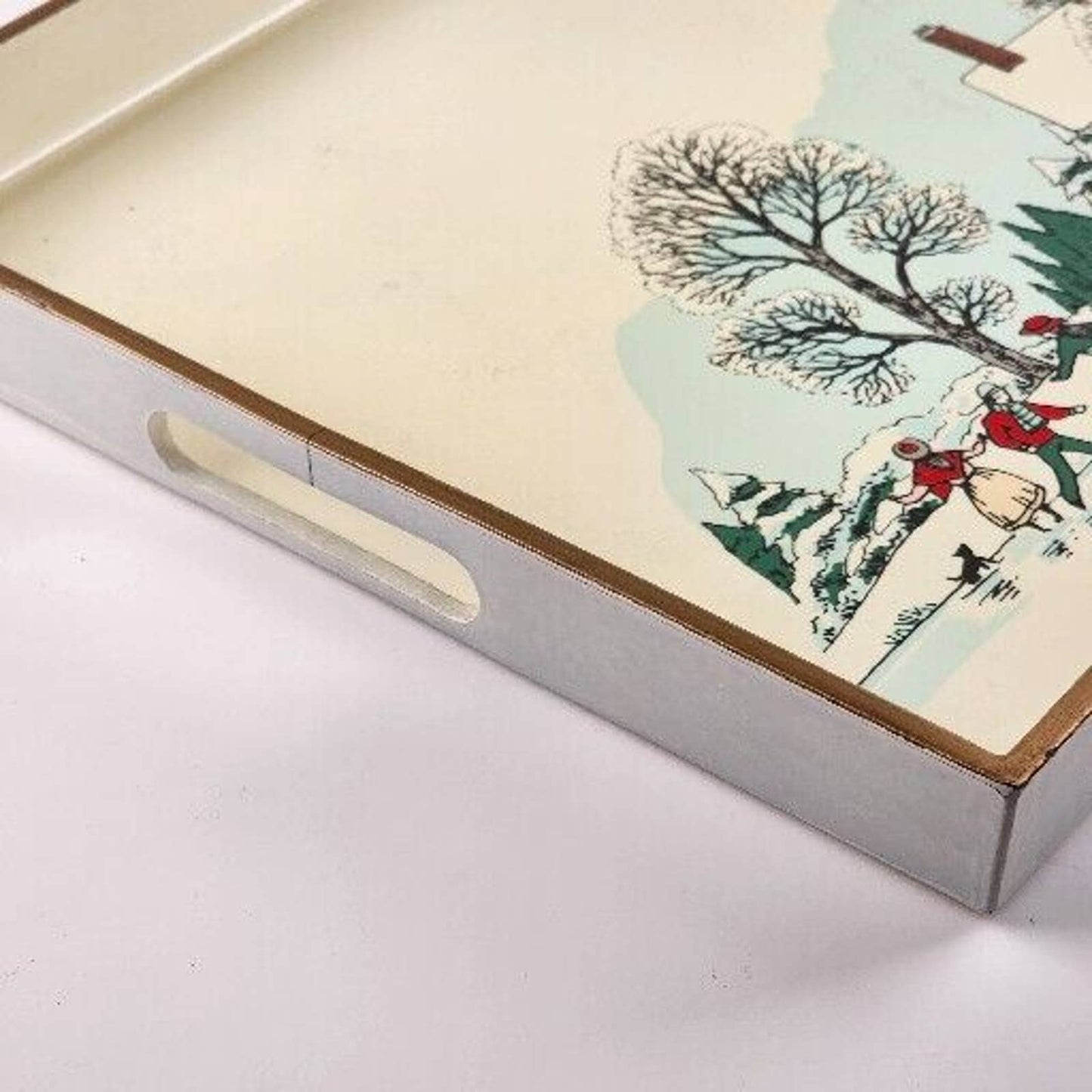 Japanese Lacquerware White Serving Tray 70's Squared Corners 16"x10" Ice Skating