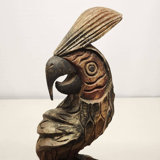 Very Tall Vintage Hand-Carved Wooden Parrot – 54" Tropical Bird Sculpture – Weathered Paint – Rustic Decor