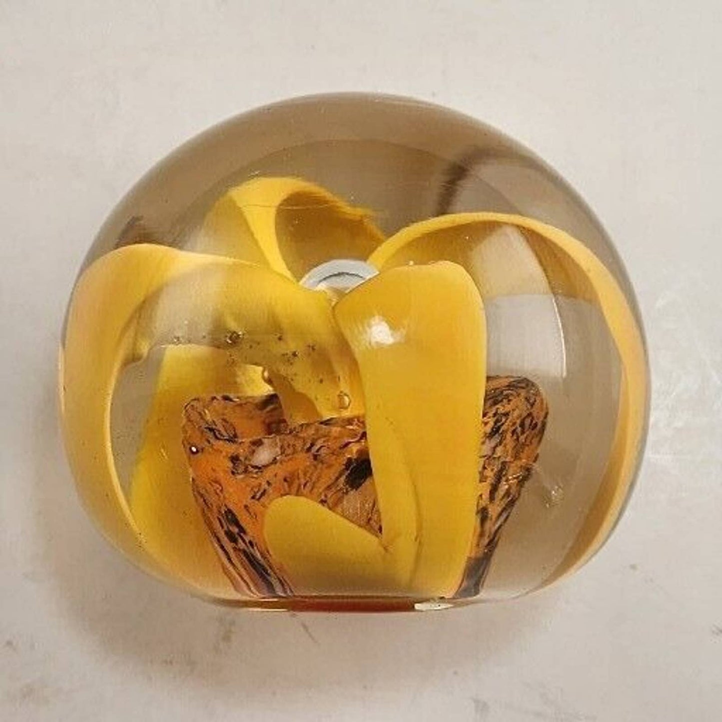 Yellow Orange Flower Glass Orb Round Paperweight 2.75" Across Marked E&W 1976