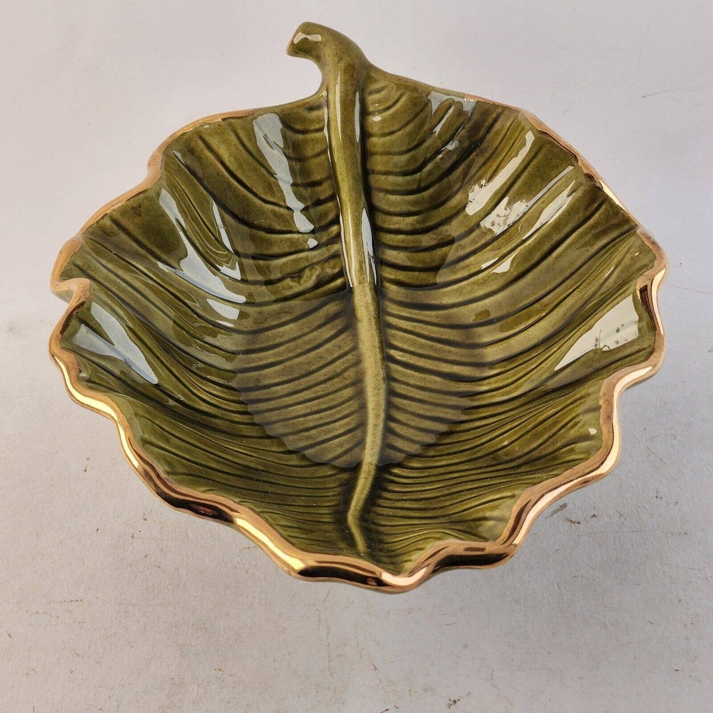 California Pottery M709 Green Leaf Gold Trim Bowl Ceramic Hand Painted USA 8" L