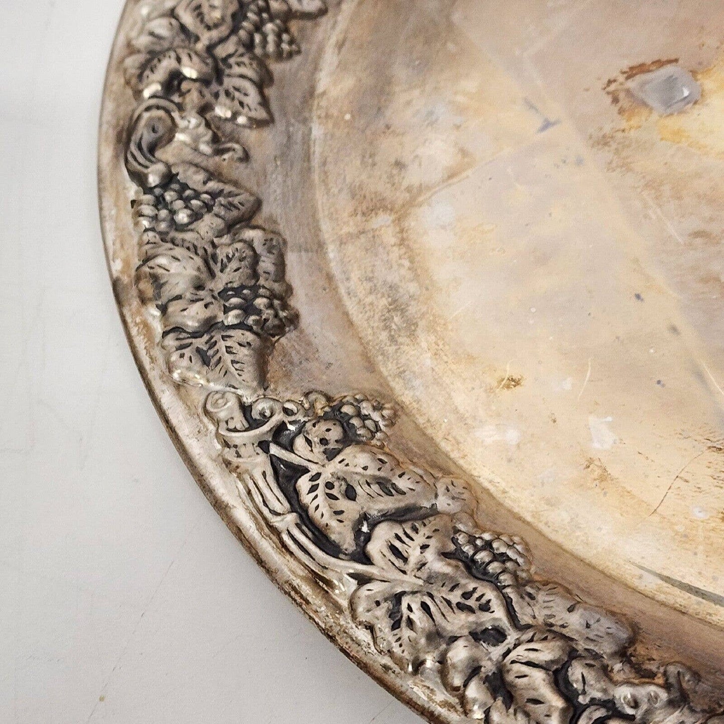 Silverplate Serving Tray Fruit & Grapes Border Art Nouveau Ornate Platter 14.5"w