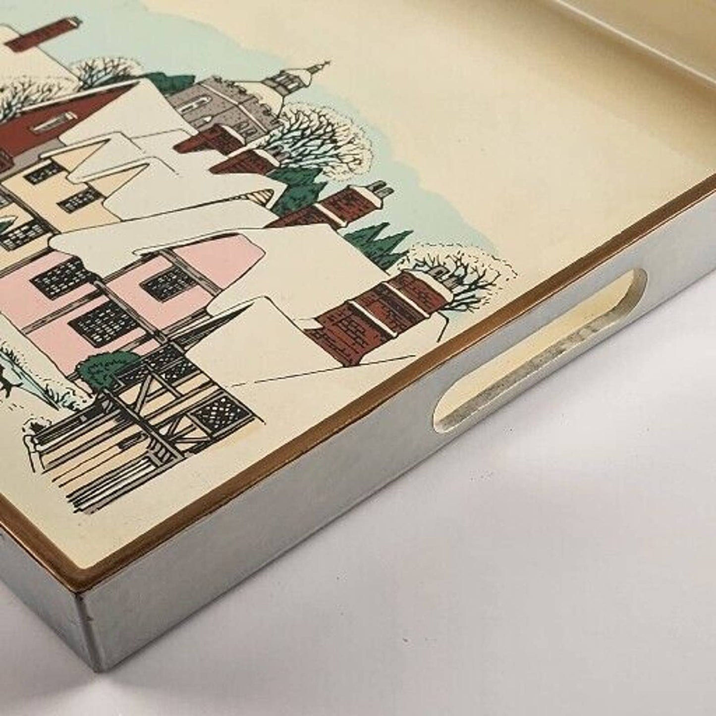 Japanese Lacquerware White Serving Tray 70's Squared Corners 16"x10" Ice Skating