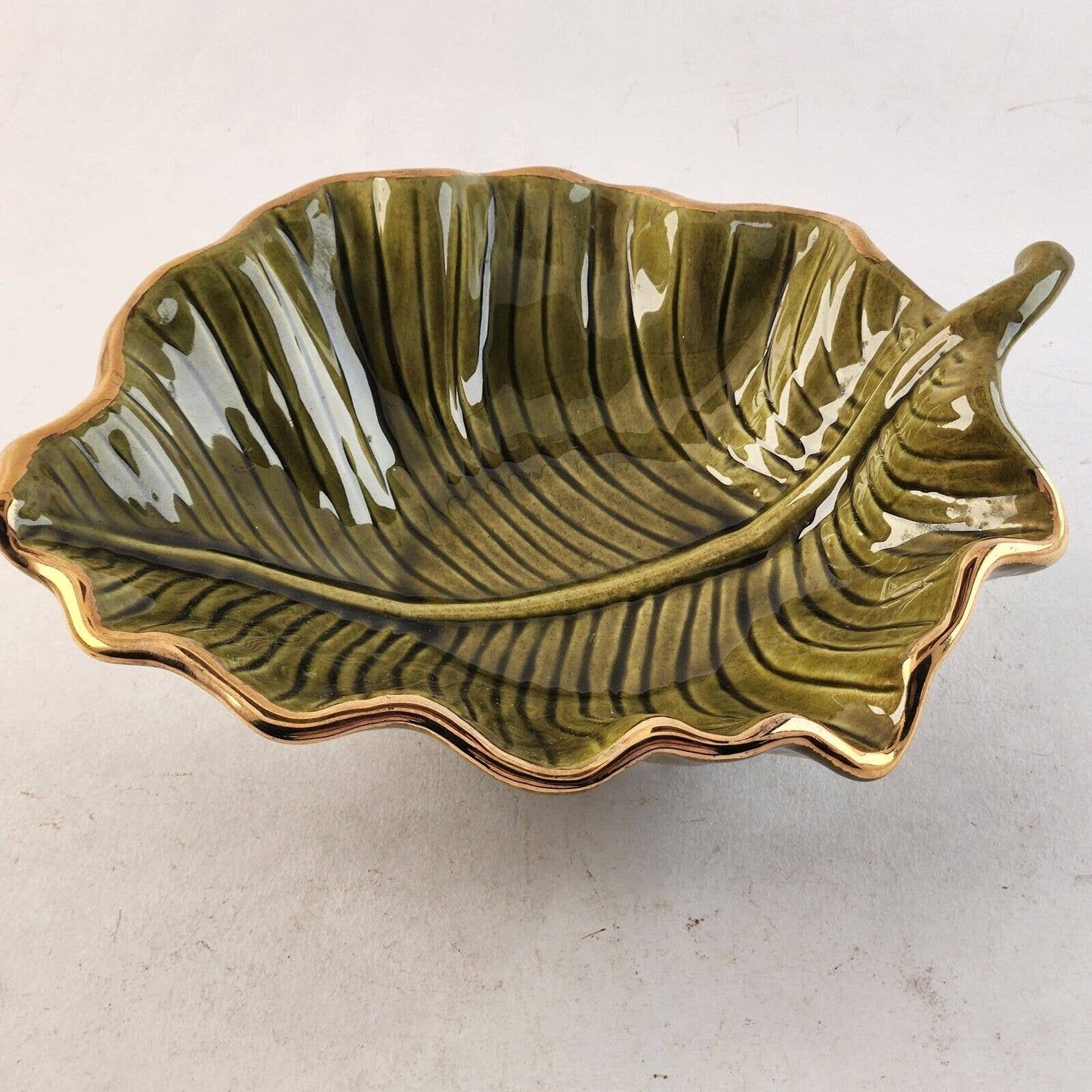 California Pottery M709 Green Leaf Gold Trim Bowl Ceramic Hand Painted USA 8" L