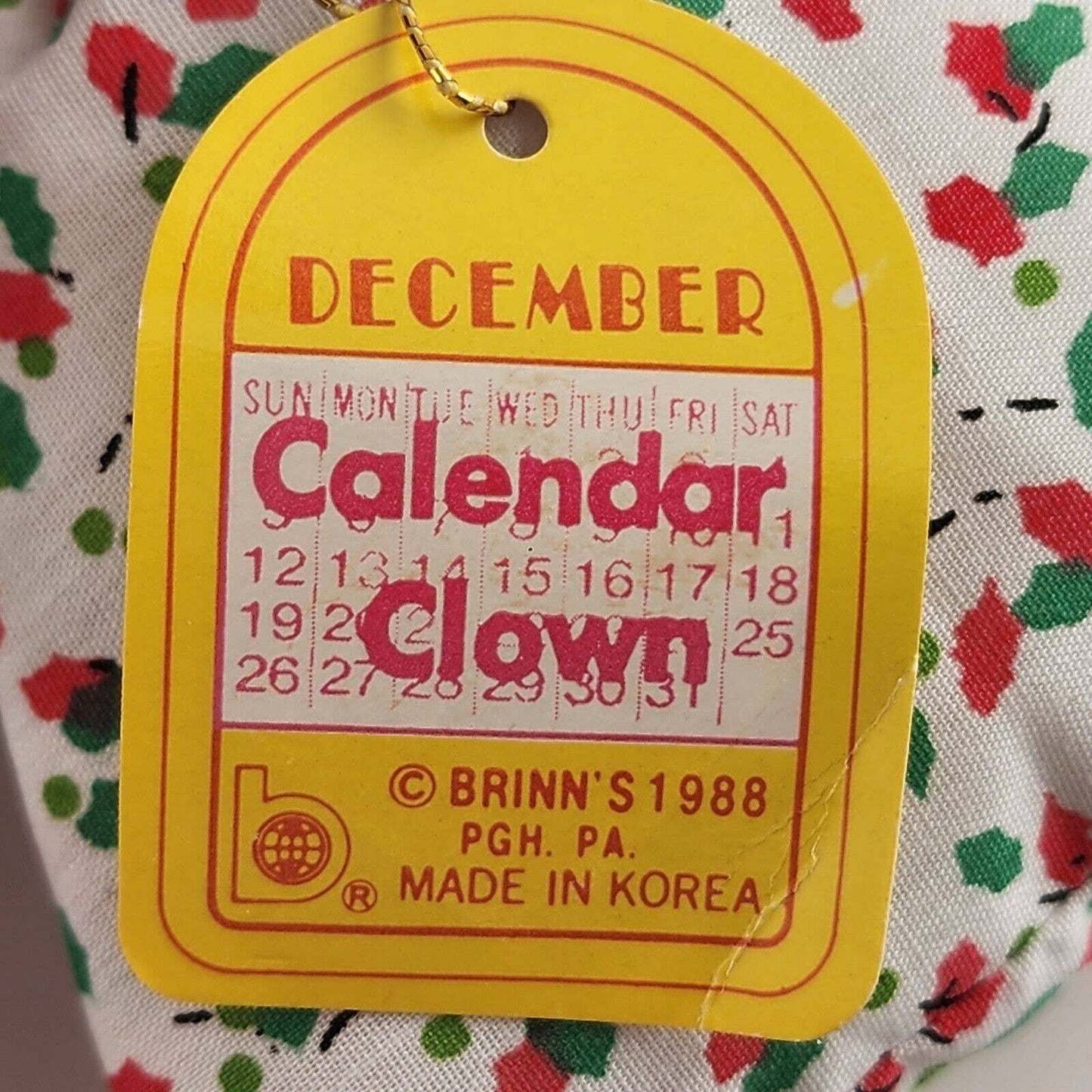 Brinn's Christmas Clown Doll Porcelain Head December 1988 A Jolly Season w Tags