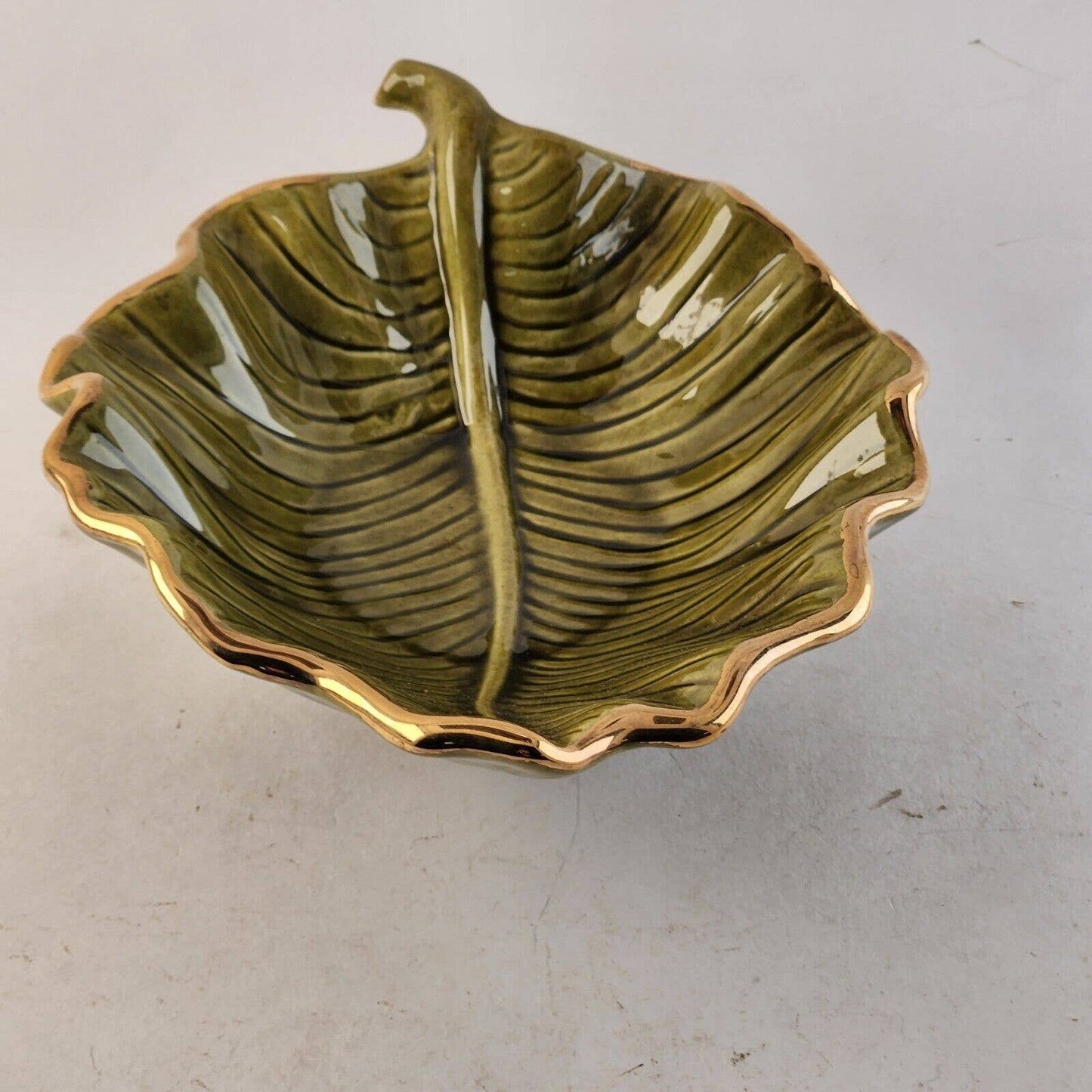 California Pottery M709 Green Leaf Gold Trim Bowl Ceramic Hand Painted USA 8" L