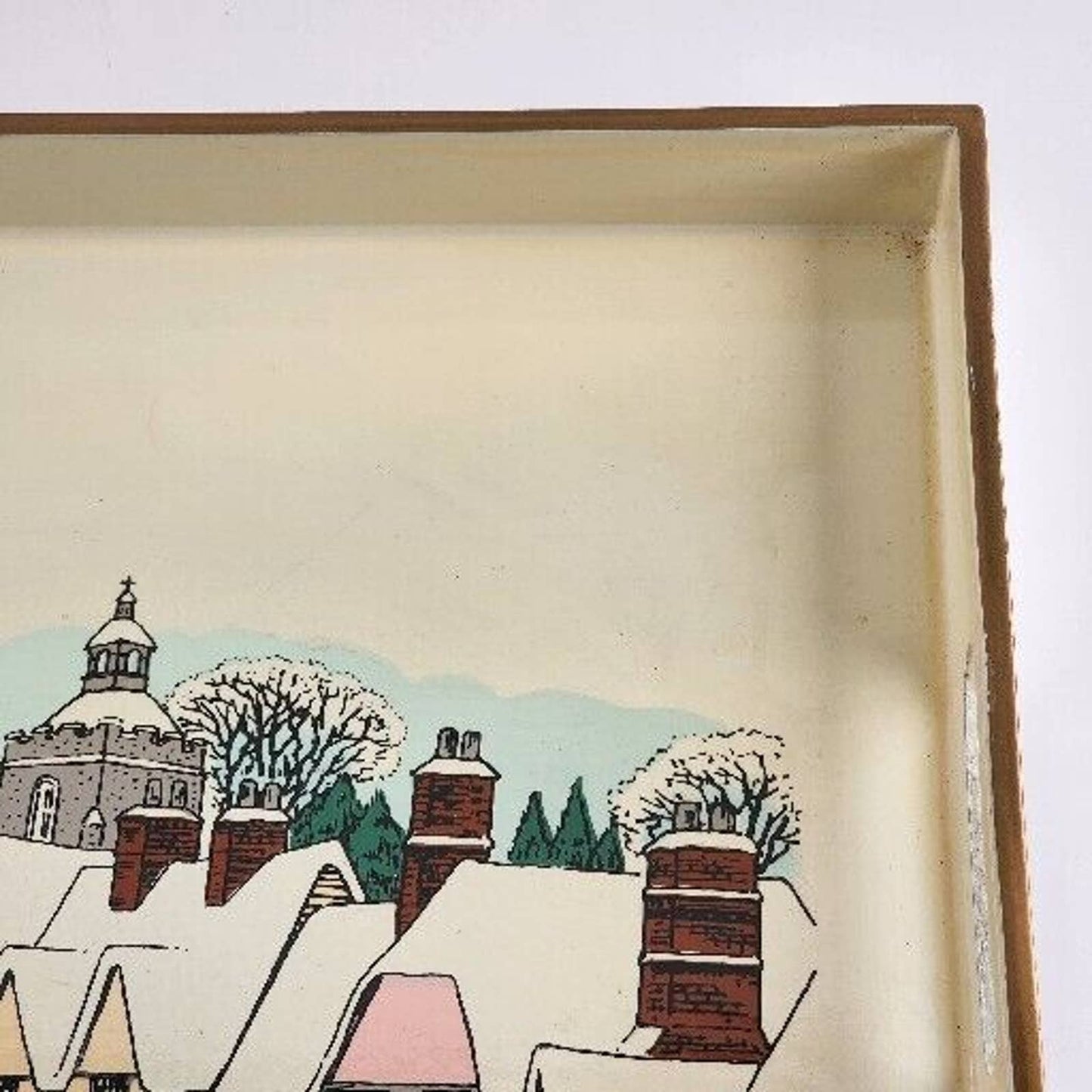 Japanese Lacquerware White Serving Tray 70's Squared Corners 16"x10" Ice Skating
