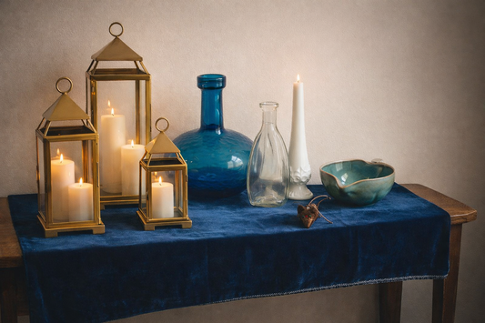 Shop the Look: Blue Velvet & Vintage Glass for a Collected, Timeless Home