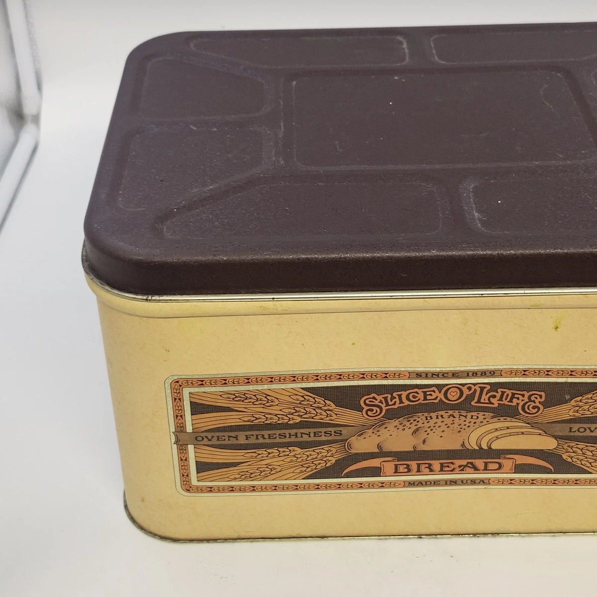 Slice O' Life Bread Empty Box Metal Tin Brown Lid Wheat Design 14" USA Vintage