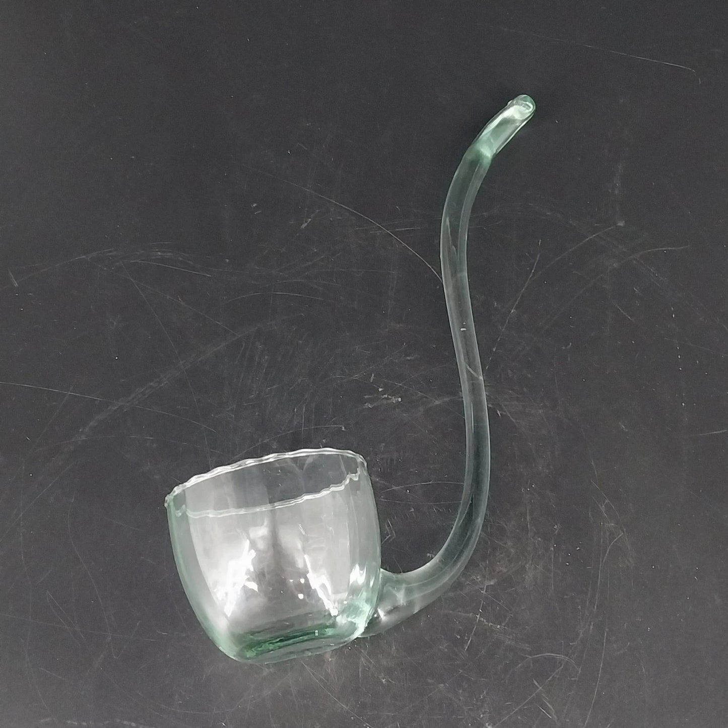 Hand Blown Glass Punch Bowl Ladle Green Tint Curved Handle 9in Large Dipper Vtg