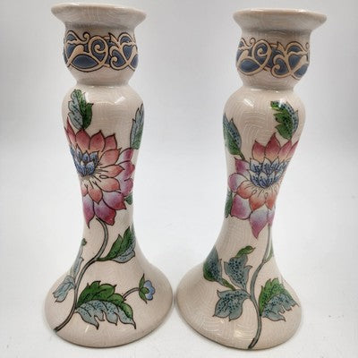 Ceramic Candlestick Holders 4"x 8" Hand Painted Pink Blue Floral Chinese Style