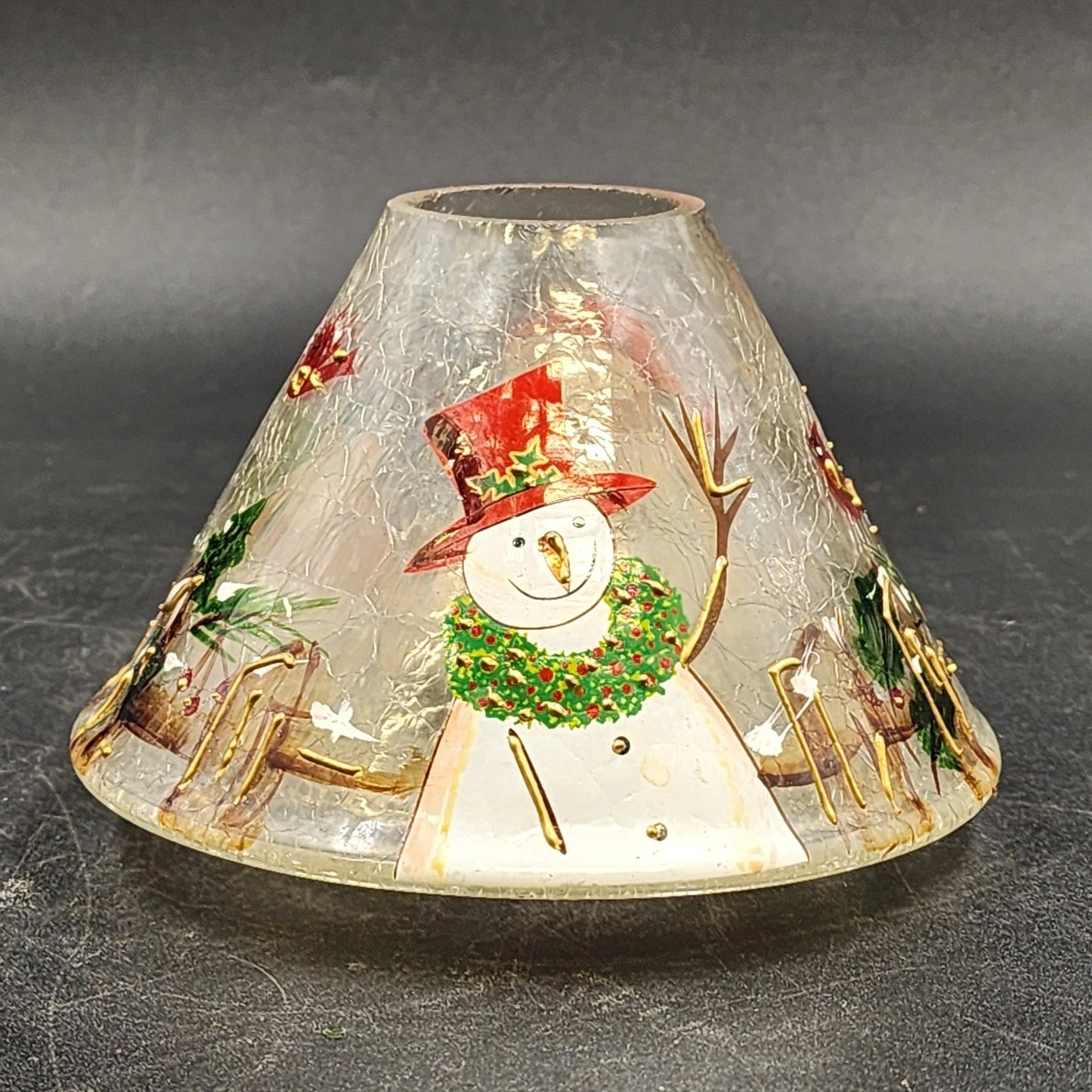 Yankee Candle Large Jar Shade Clear Crackle Glass Snowmen Cardinal Gold Trim