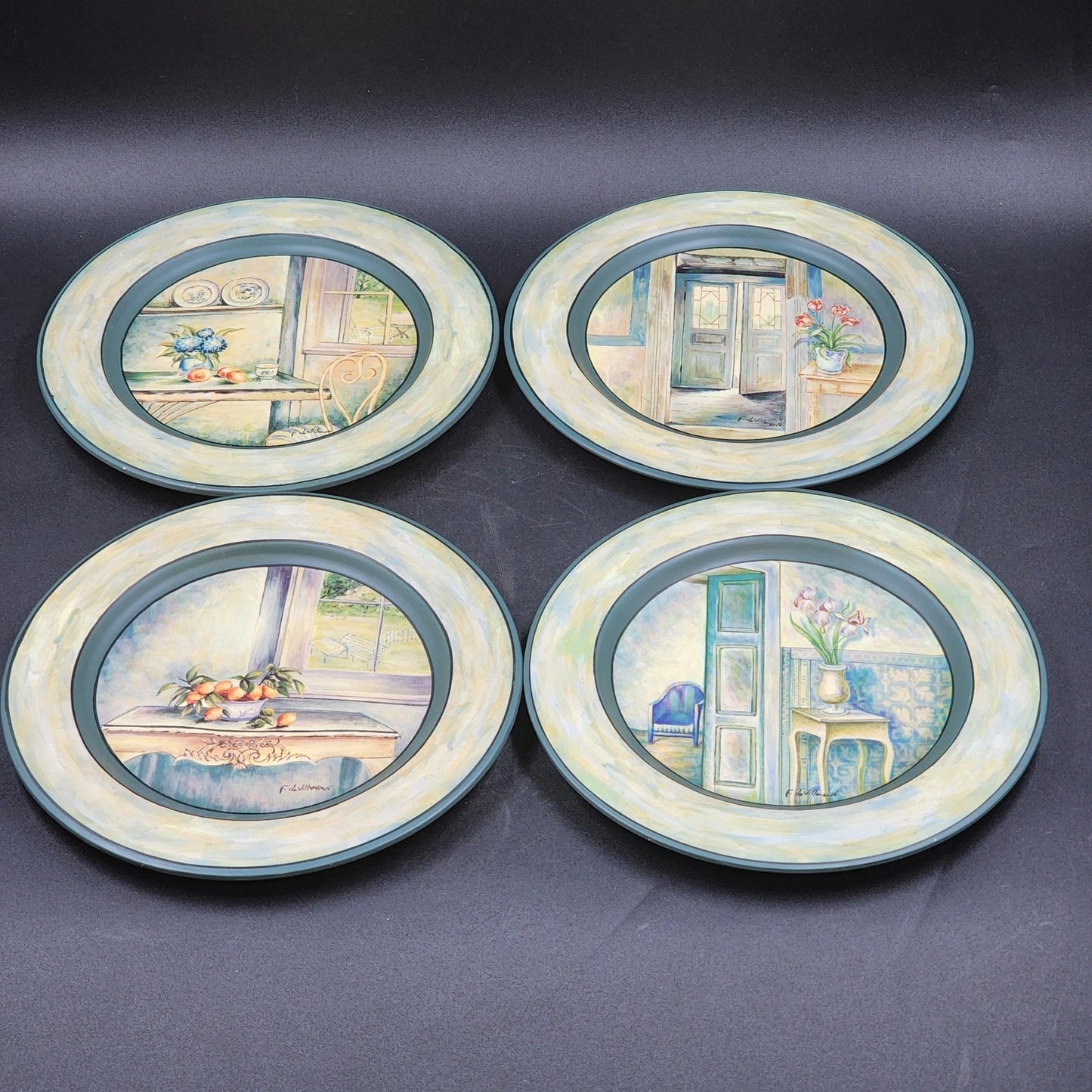 F de Villeneuve Wall Plates Decorative Stoneware Signed 4 Pc Assorted France