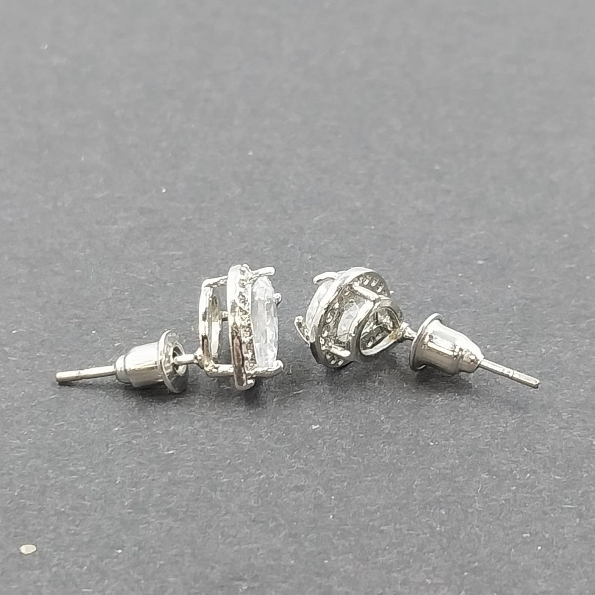 Silver Tone Faceted Teardrop Cut Halo Stud Earrings Clear Rhinestone Post Back