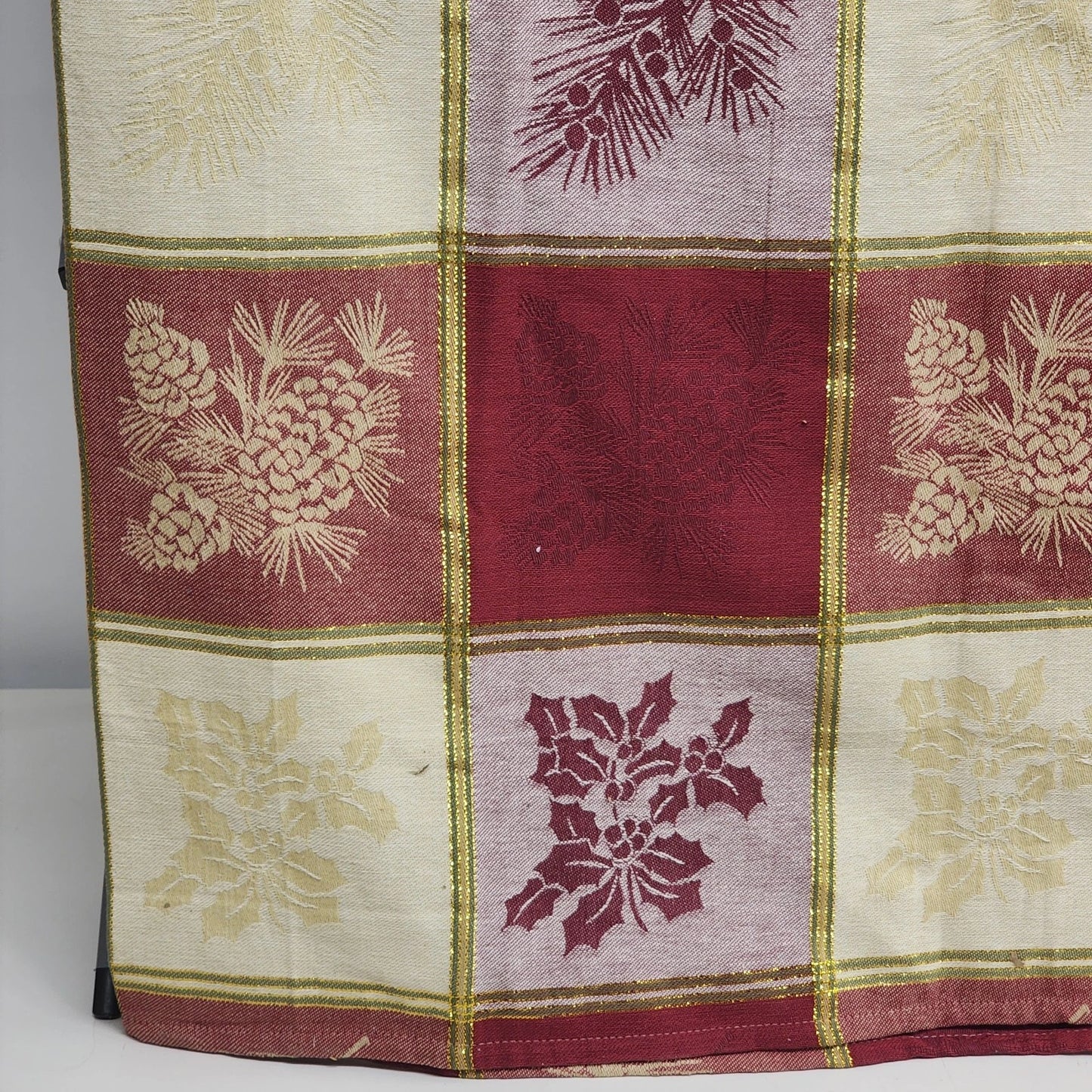 Large Plaid Christmas Tablecloth Red White Gold Metallic Thread 82x60 Pine Tree