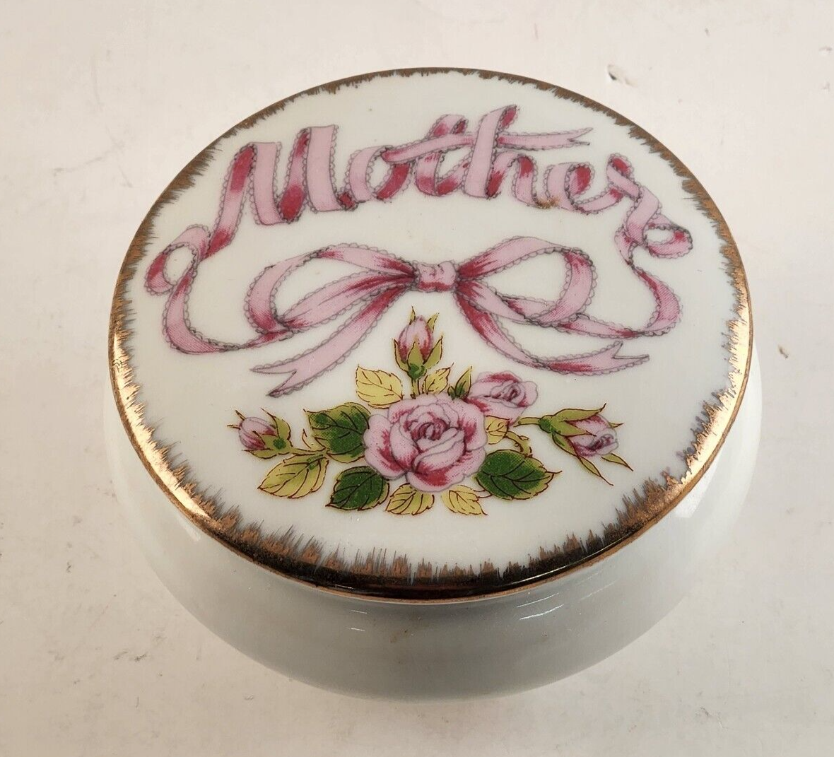 Mother Hand Painted Powdered Ceramic Jar Dish w Lid and Gold Trim Vintage Japan