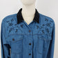 New Look Denim Shirt L Floral Embroidered Velvet Collar Long Sleeve Turkey Vtg