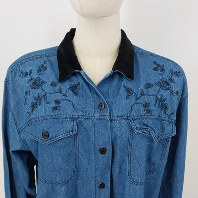 New Look Denim Shirt L Floral Embroidered Velvet Collar Long Sleeve Turkey Vtg