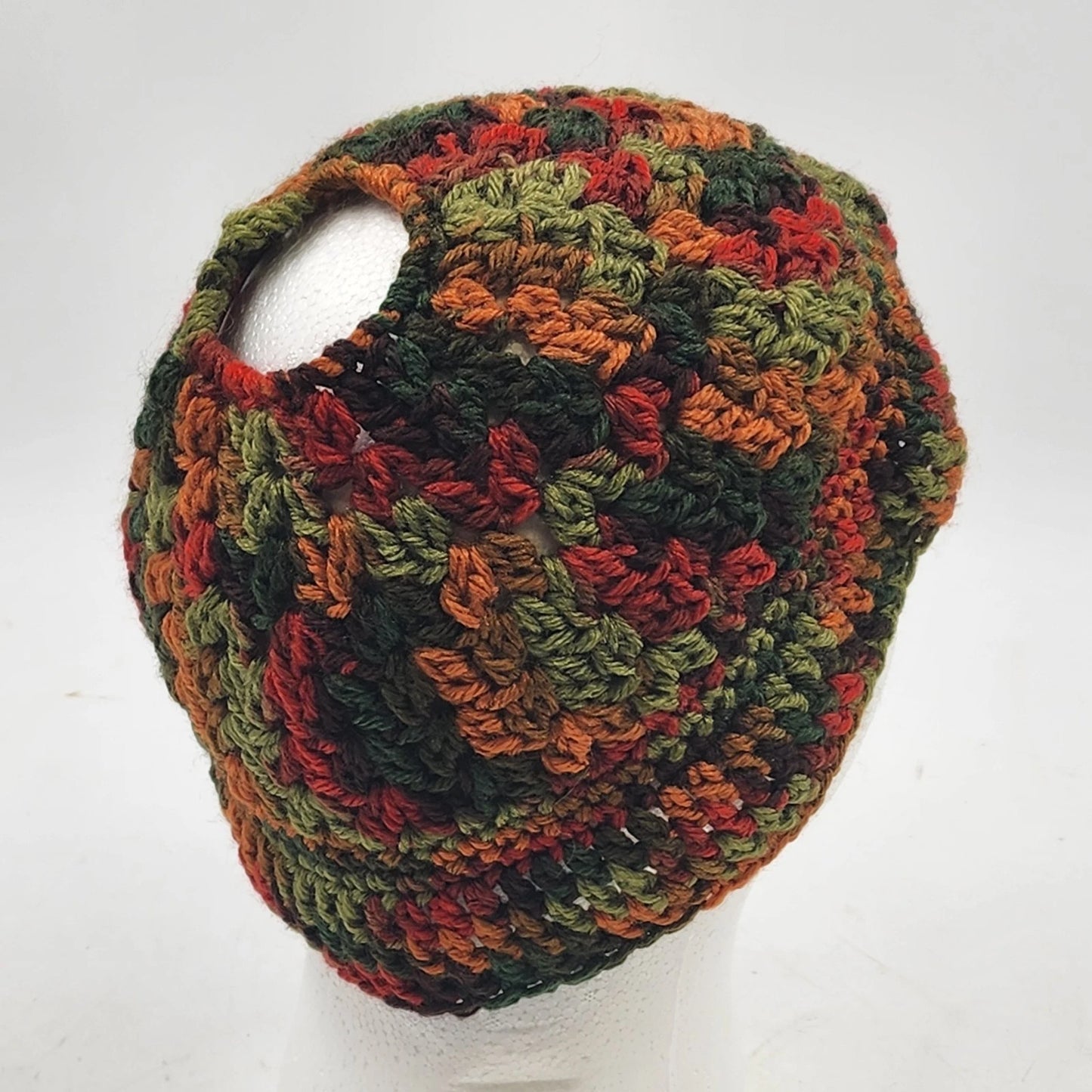 Handmade Crochet Messy Bun Beanie Hat Fall Colors Green Orange Brown Ponytail
