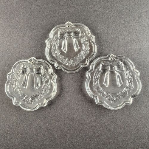 3 Vintage Fostoria Glass Lead Crystal Clear Wreath Christmas Ornaments 3¼" Wide