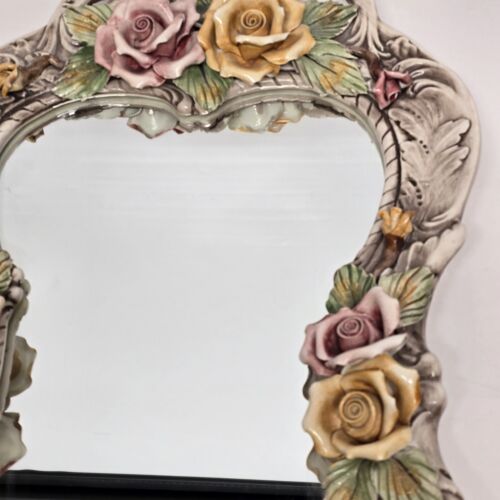 Large Capodimonte Porcelain Mirror Dresser Vanity Tray Roses Hour Glass Shape - Chipped Petal