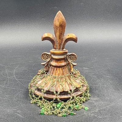 Clear Glass Swirl Decorative Jar w Carved Wood Fleur De Lis Lid & Beaded Chain