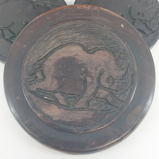 Hand Carved Wood Elephant Coaster Storage & Lid Set African Safari Barware Vtg