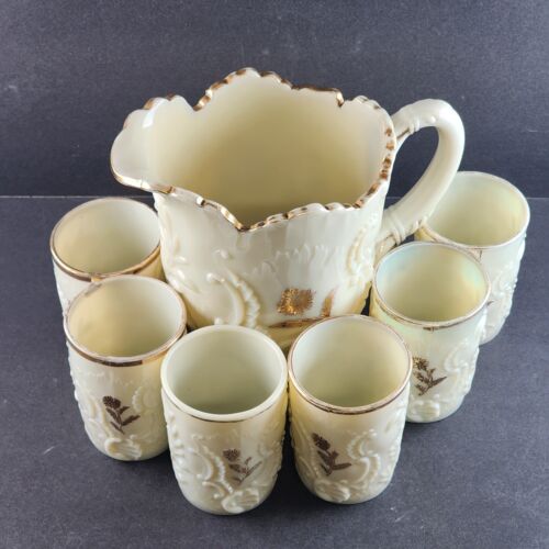 EAPG Northwood Louis XV Custard Glass Water Pitcher 6 Tumblers Gold Trim