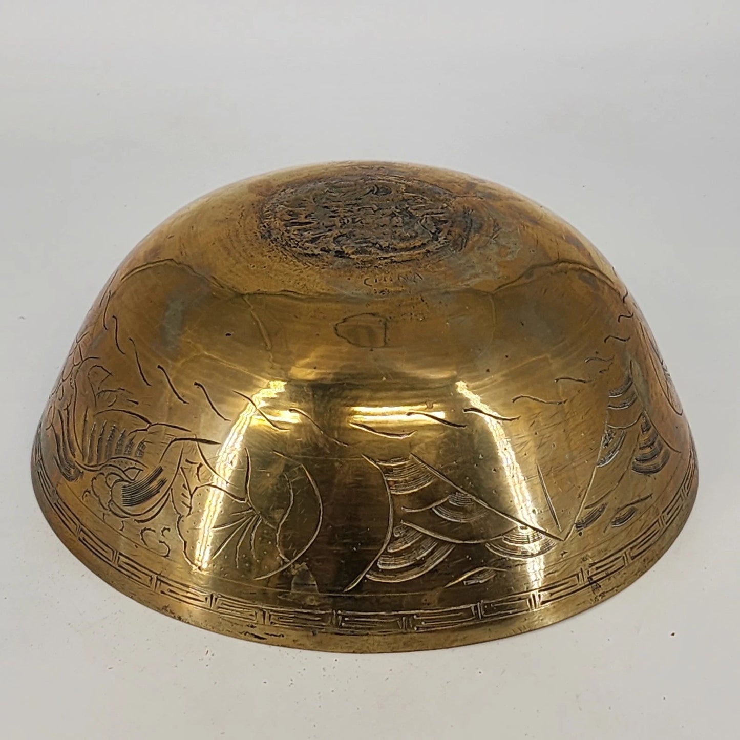 Chinese Solid Brass Engraved Bowl Dragon Phoenix Design 10"x4" MCM Vintage