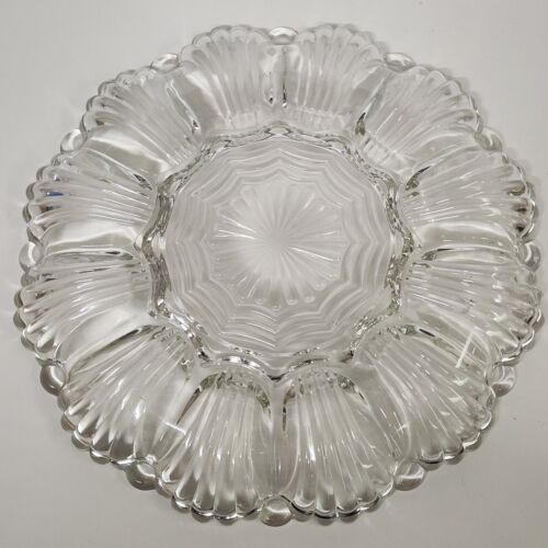 Clear Glass Deviled Egg Plate Dish Scalloped Rim Anchor Hocking 10 inch Vintage