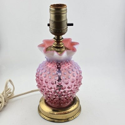 Table Lamp 9" Fenton Cranberry Opalescent Hobnail Ruffled Brass Base NO SHADE