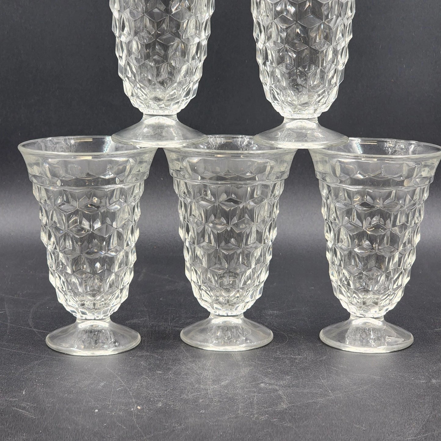 6 Fostoria American Clear Ice Tea Glasses Cubist Design Footed Pedestal Vintage
