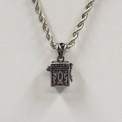 Silver Tone Rope Chain with Prayer Box Cross Design Charm Pendant 12" Necklace