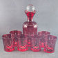 Garnet Red Cut to Clear Bohemian Glass Decanter Clear Stopper & 6 Rock Glasses