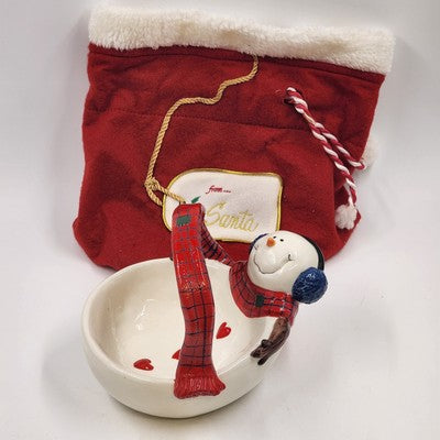 St. Nicholas Square Snowman Basket Candy Dish Button Up with Stocking China 7"