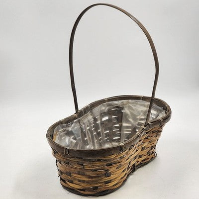 Peanut Shaped Handwoven Wicker Storage Basket w Handle & Plastic Liner 14"x15"