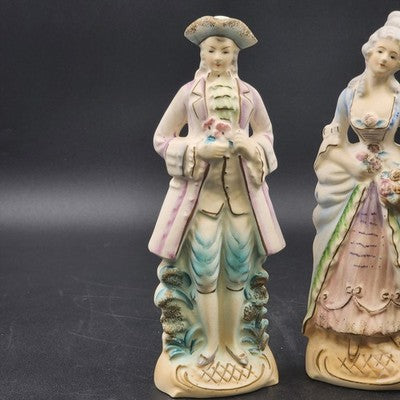 Colonial Man & Woman Figurines 10.5" Painted Porcelain Bisque Occupied Japan