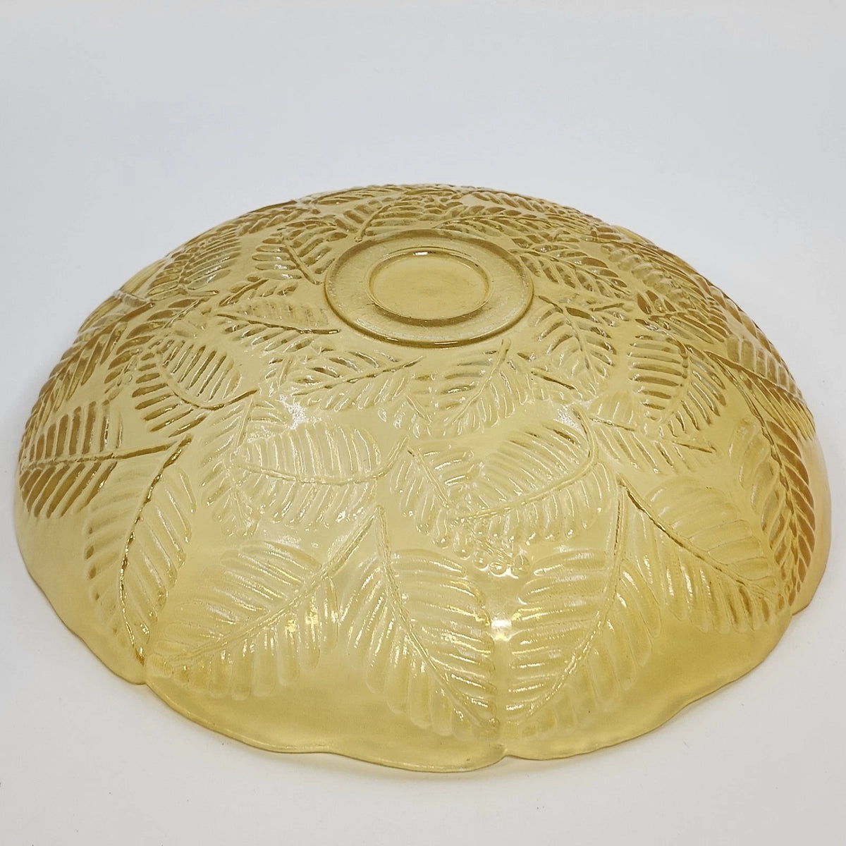 Amber Glass Serving Bowl Embossed Fern Leaf Pattern Scalloped Rim 13" Vintage