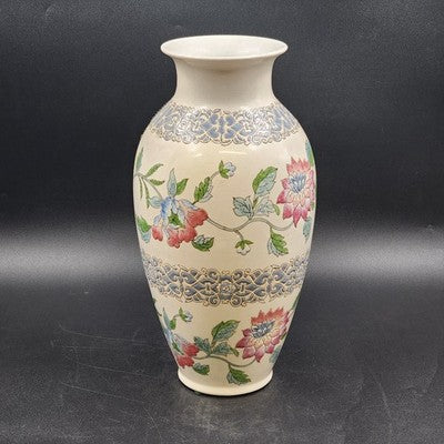 Large Macau Urn-Style Vase – Hand-Painted Pink & Blue Floral Design – 15" x 8" Vintage Oriental-Inspired Home Décor