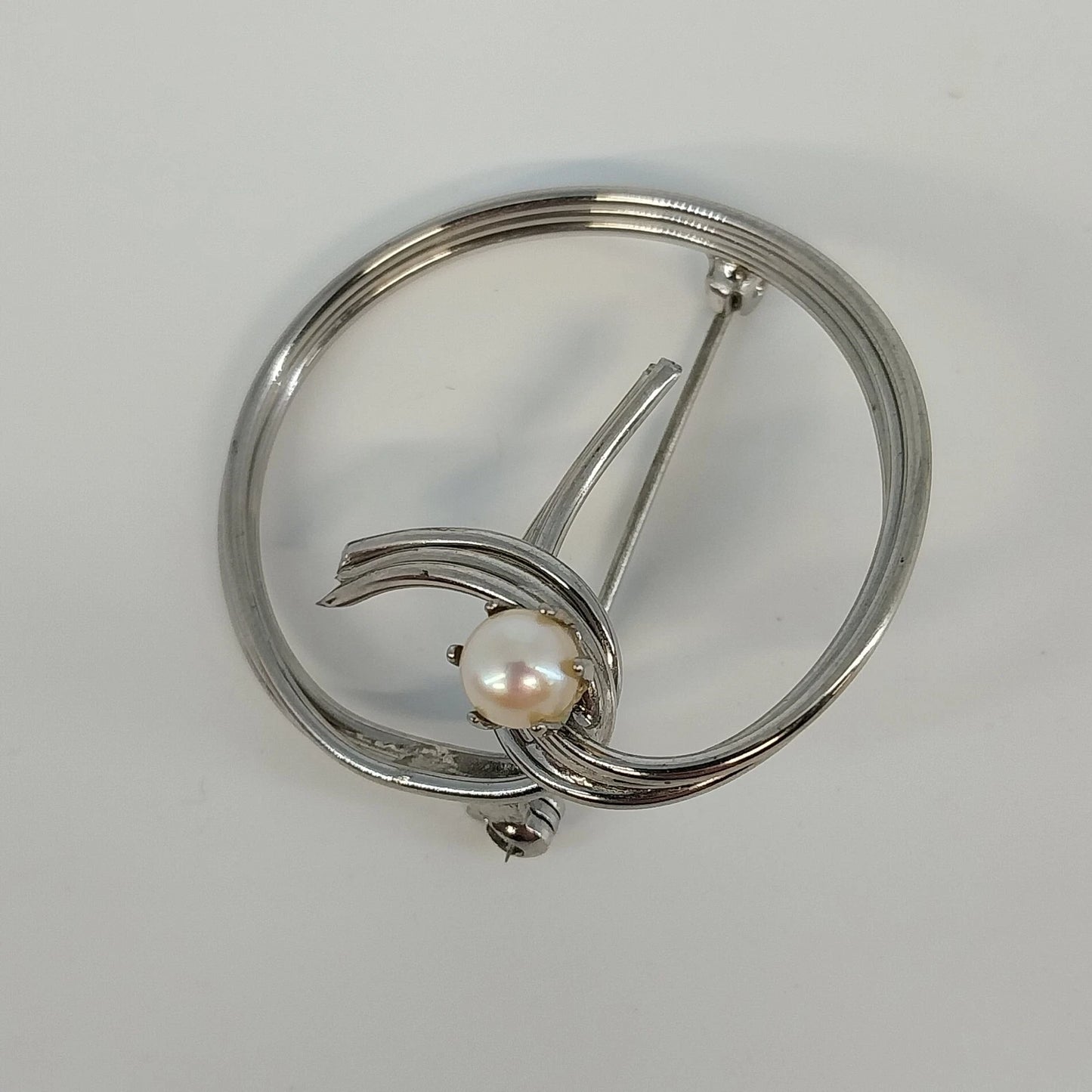 Sterling Silver Circle Brooch Faux Pearl Modernist Pin .925 Polished 1.5"