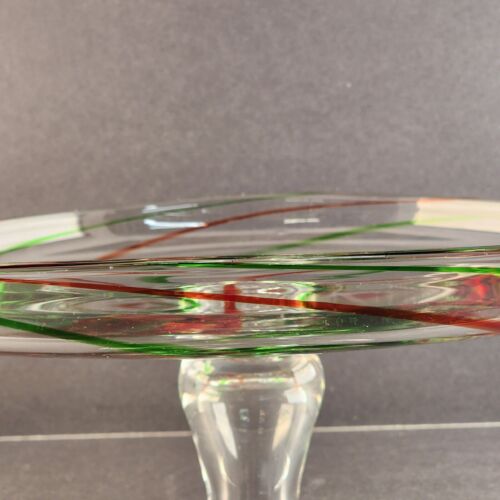 Hand Blown Clear Art Glass Pedestal Cake Plate Red Green Swirls 12.5" d x 5.5" h