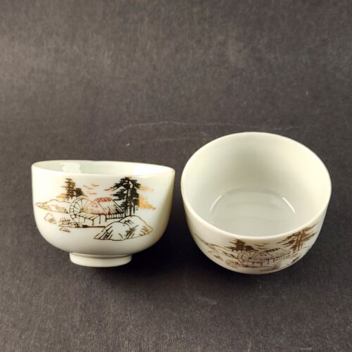 2 Japanese Garden Saki Cup Gold Gilt Mill Bowl Porcelain China 1960's 3"w x 2"h