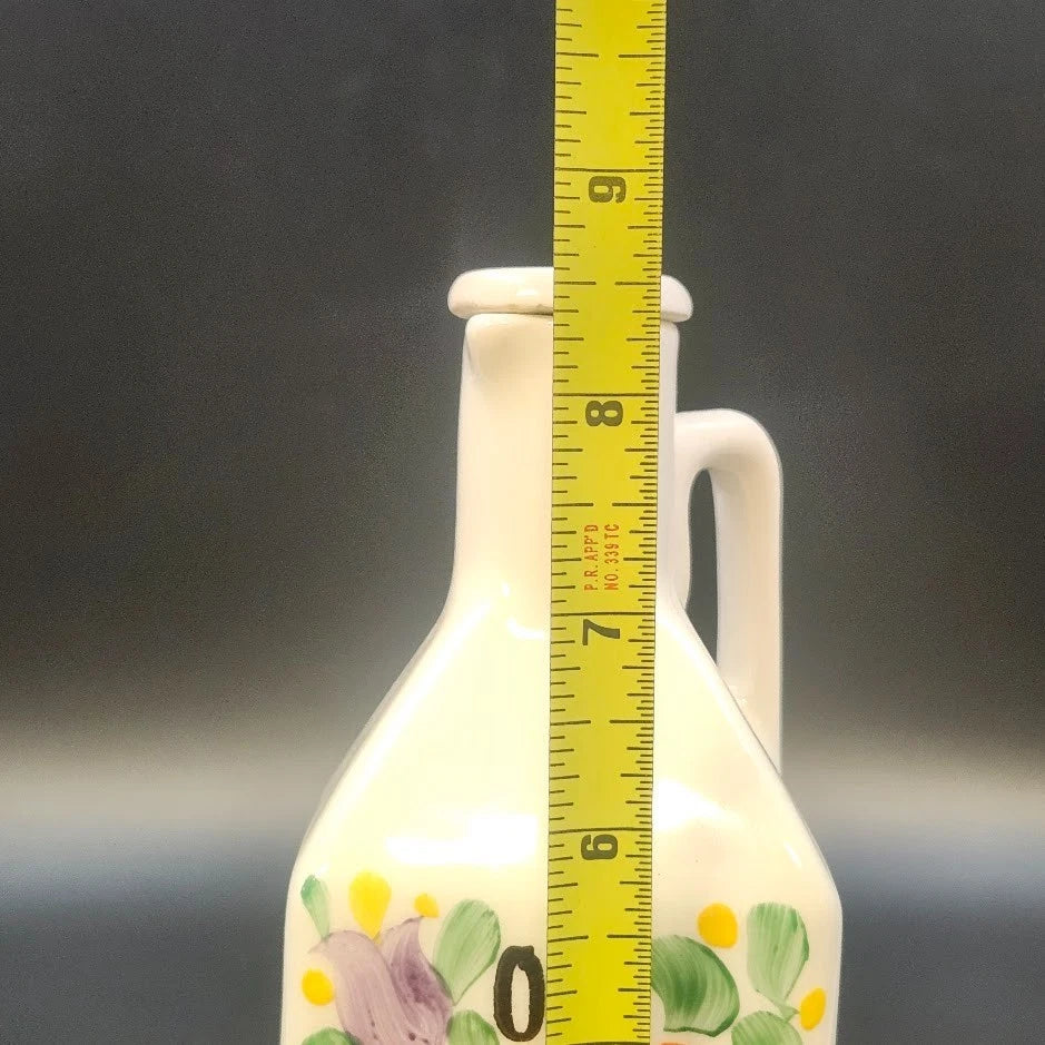 Czechoslovakia Oil Cruet Hand Painted Floral Blue Orange Ceramic with Lid Handle