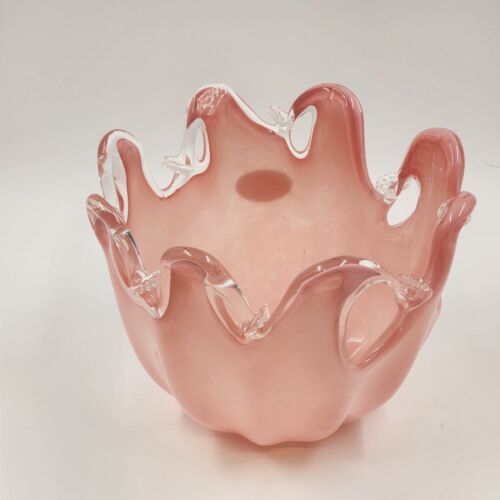 Murano Glass White Crystal Pink Bowl Handmade Italy Italian Glass Mouth Blown