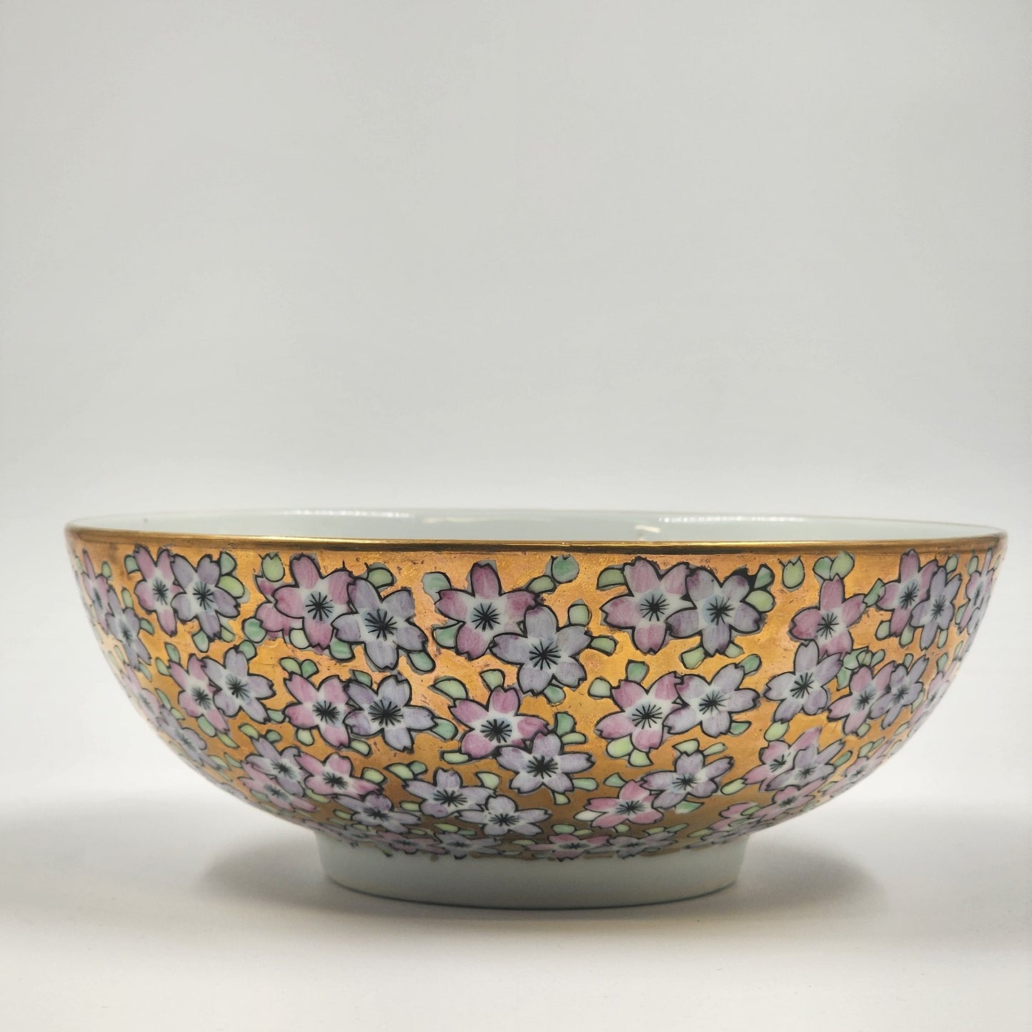Japanese Imari Porcelain White Serving Bowl Pink Flowers on Gold Field Footed 7"