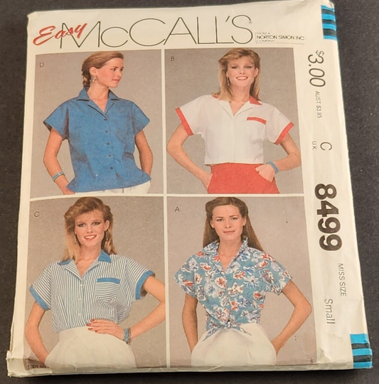 McCalls 8499 Vintage Sewing Pattern '83 Misses Short Sleeve Top/Shirt Size Small